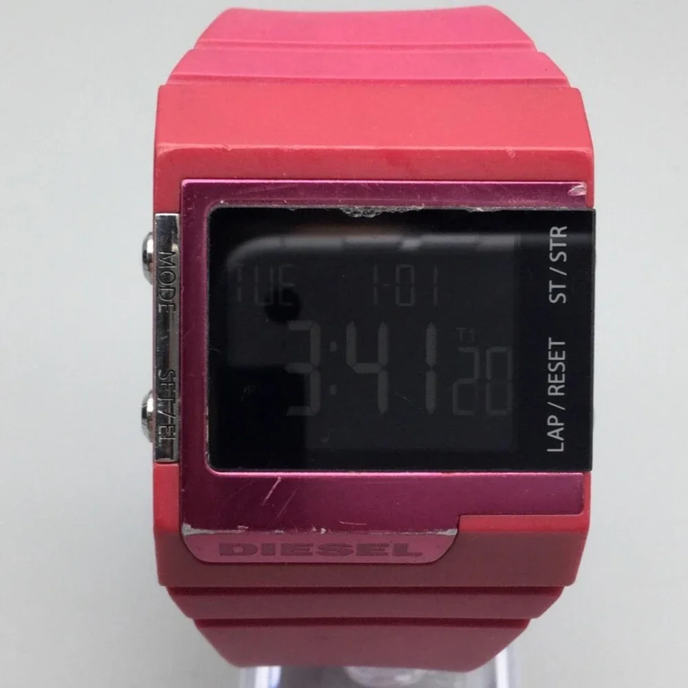 Diesel Womens Watch 38mm Black Digital Pink Rubber Backlight DZ7133 New Battery